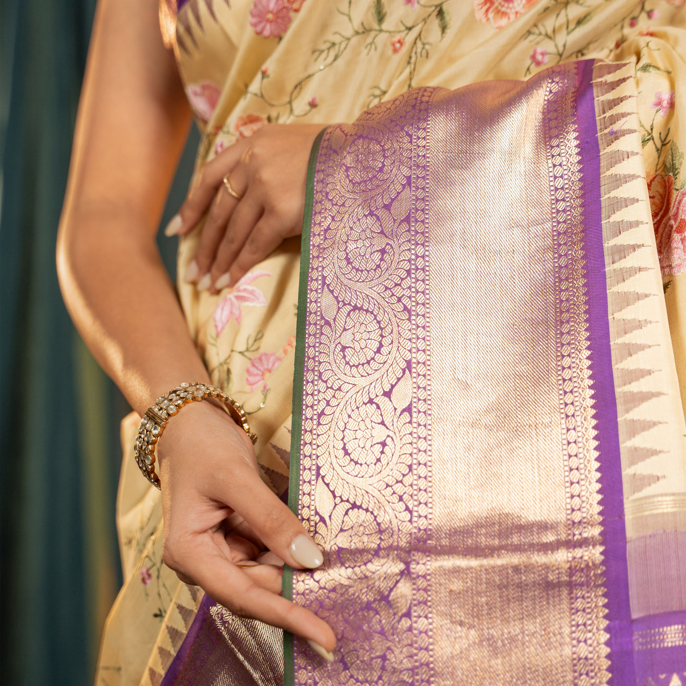 Off White Kanchi Silk Saree with Floral Embroidery Design