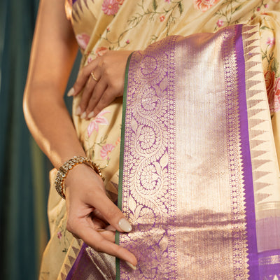 Off White Kanchi Silk Saree with Floral Embroidery Design