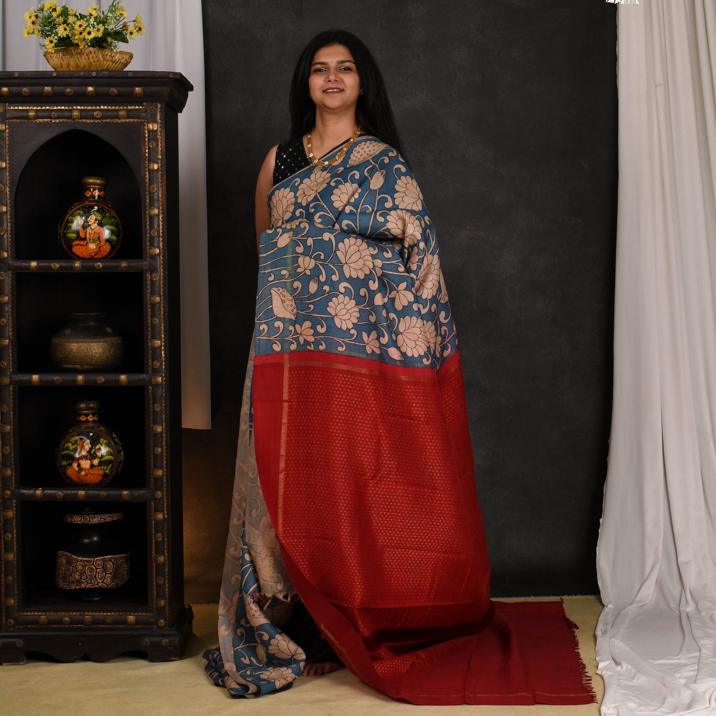 Indigo Blue Pen Kalamkari Kanchi Silk Saree
