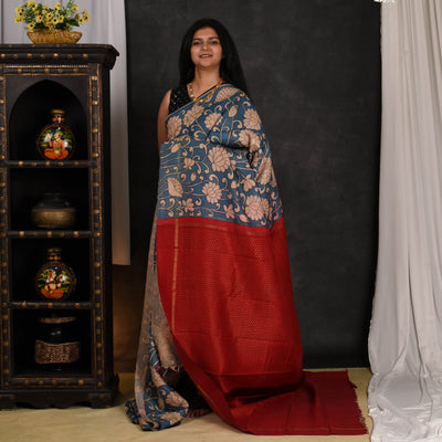 Indigo Blue Pen Kalamkari Kanchi Silk Saree