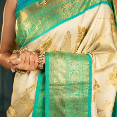 Off White Eco Print Kanchi Silk Saree with Zari Butta Design