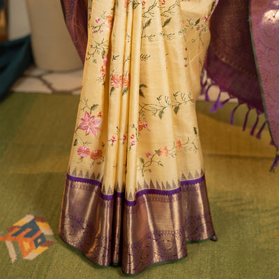 Off White Kanchi Silk Saree with Floral Embroidery Design