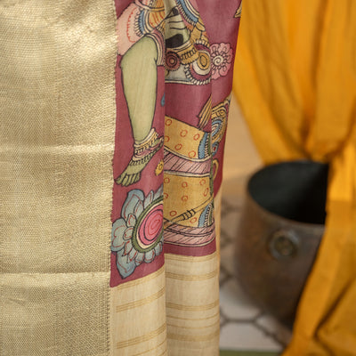 Onion Pink Pen Kalamkari Kanchi Silk Saree