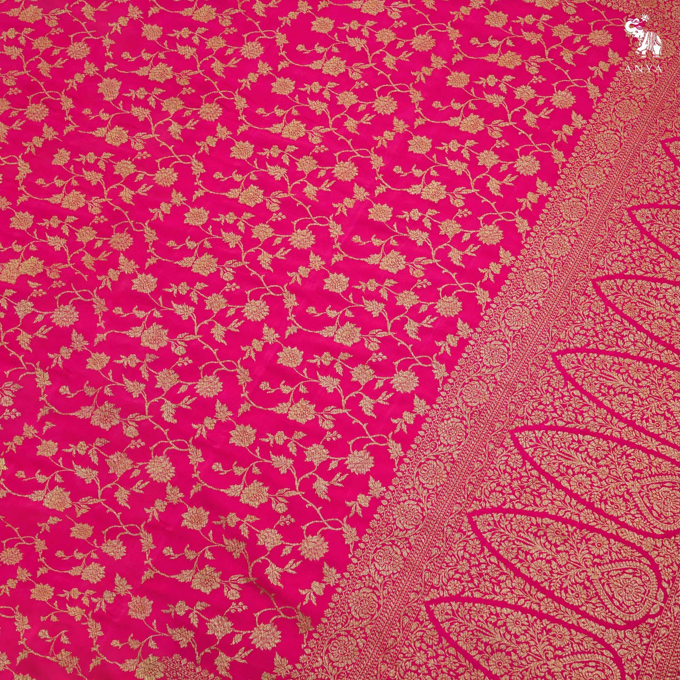 Rani Pink Crepe Banarasi Silk Saree with Floral Creeper Design