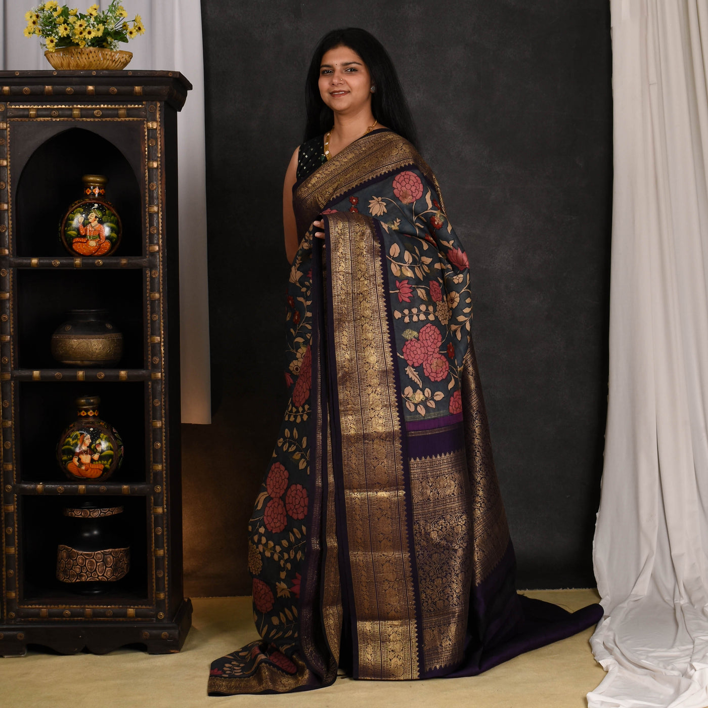Indigo Blue Pen Kalamkari Kanchi Silk Saree