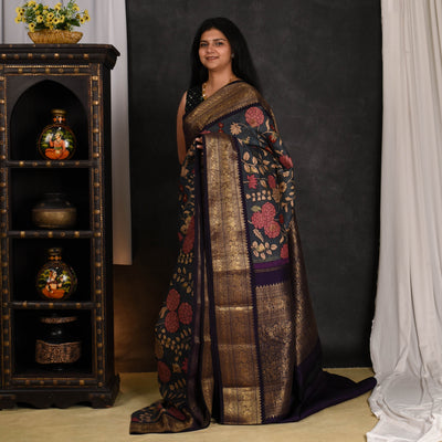 Indigo Blue Pen Kalamkari Kanchi Silk Saree