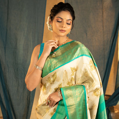 Off White Eco Print Kanchi Silk Saree with Zari Butta Design