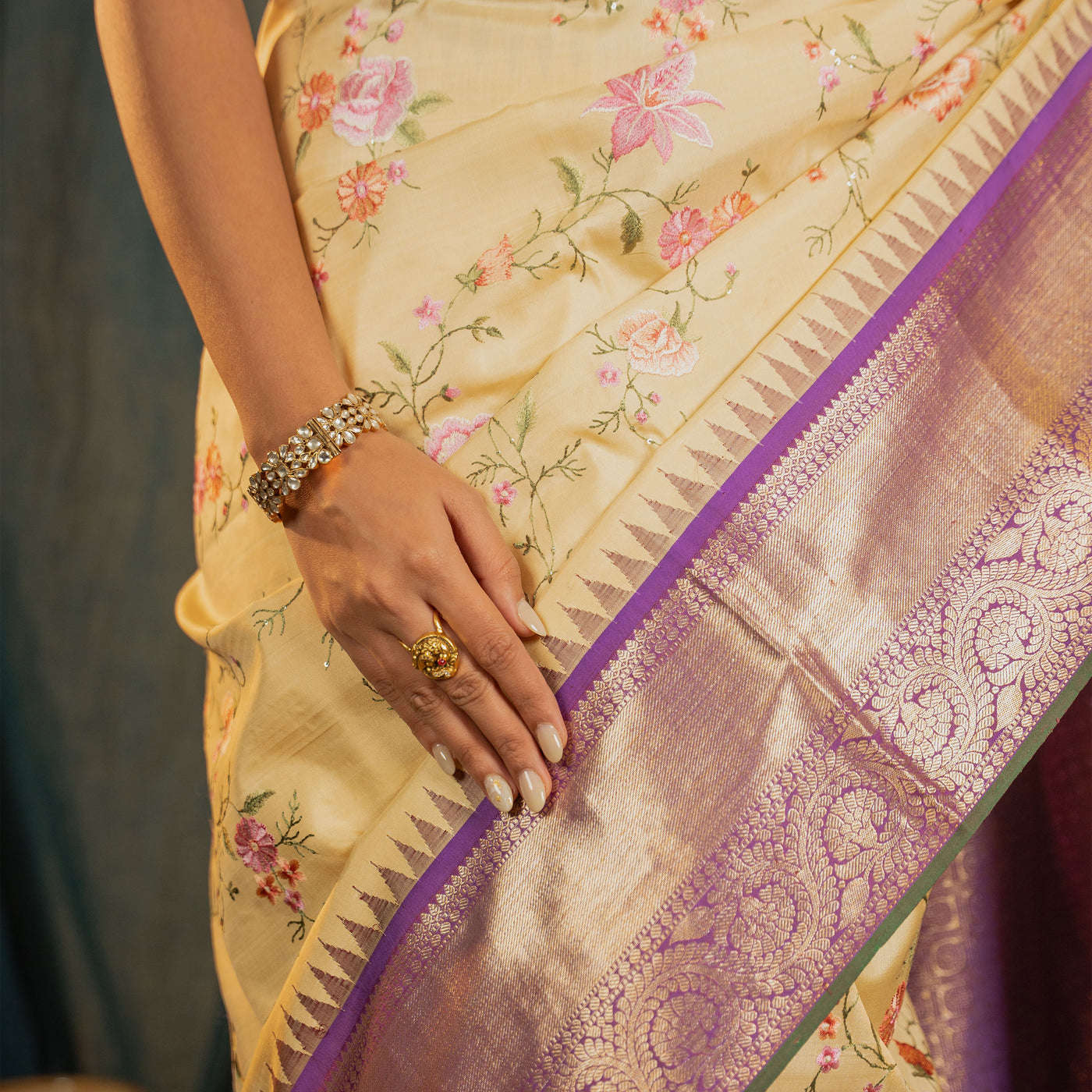 Off White Kanchi Silk Saree with Floral Embroidery Design
