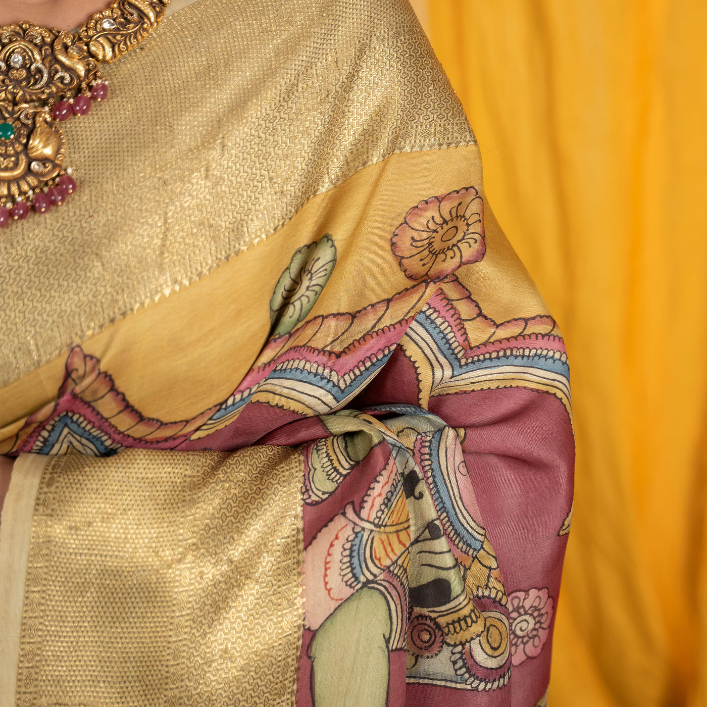 Onion Pink Pen Kalamkari Kanchi Silk Saree