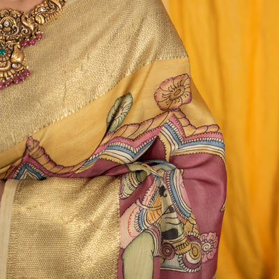 Onion Pink Pen Kalamkari Kanchi Silk Saree