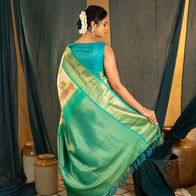 Off White Eco Print Kanchi Silk Saree with Zari Butta Design