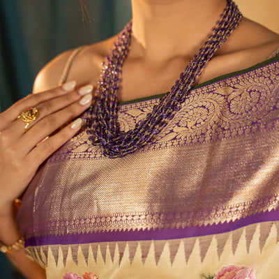 Off White Kanchi Silk Saree with Floral Embroidery Design