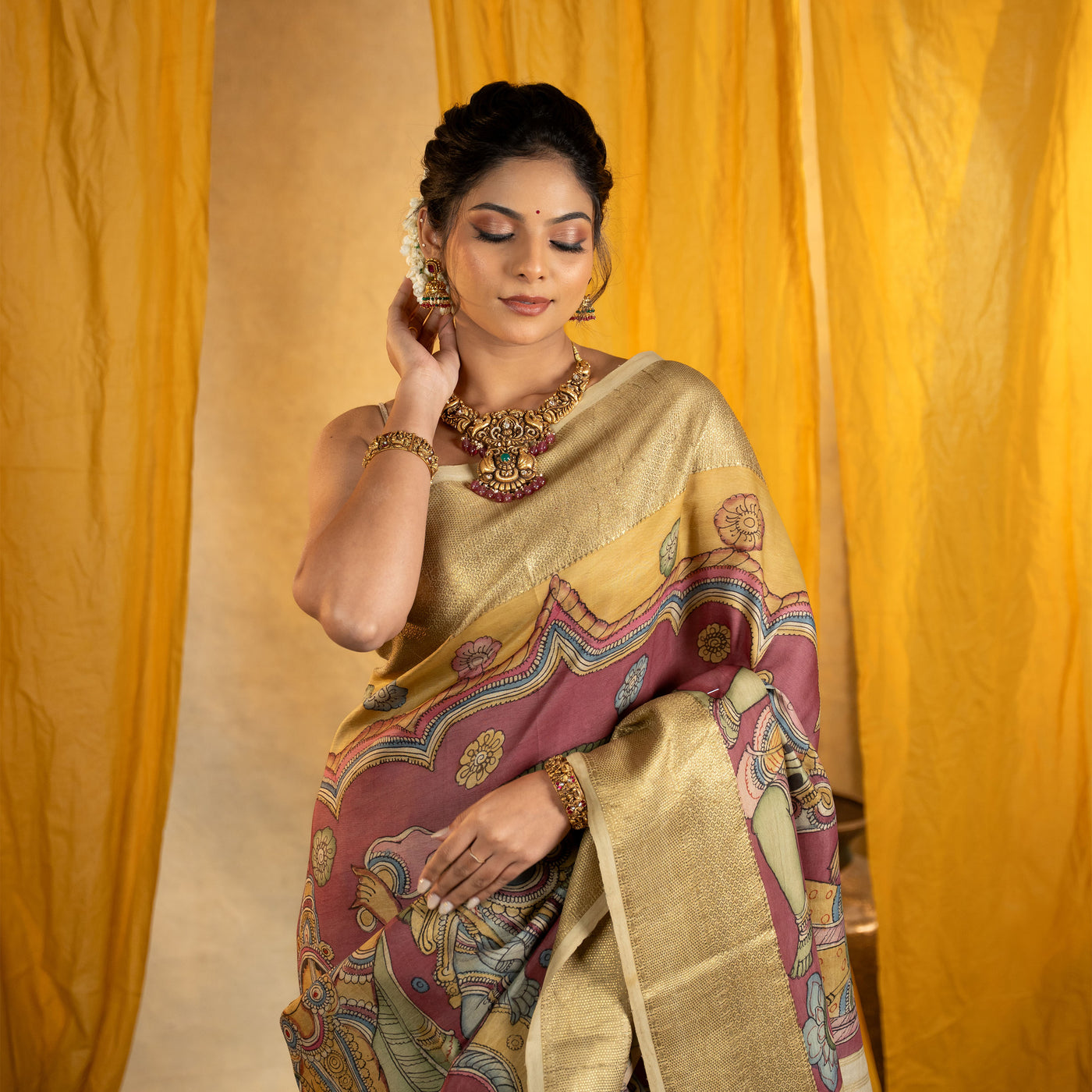 Onion Pink Pen Kalamkari Kanchi Silk Saree