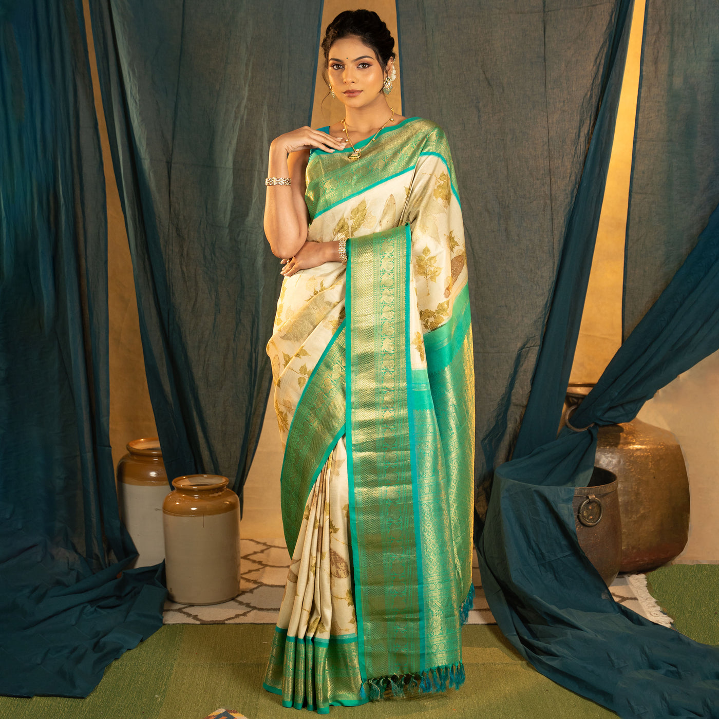 Off White Eco Print Kanchi Silk Saree with Zari Butta Design
