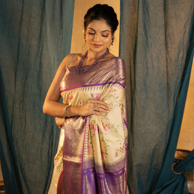 Off White Kanchi Silk Saree with Floral Embroidery Design