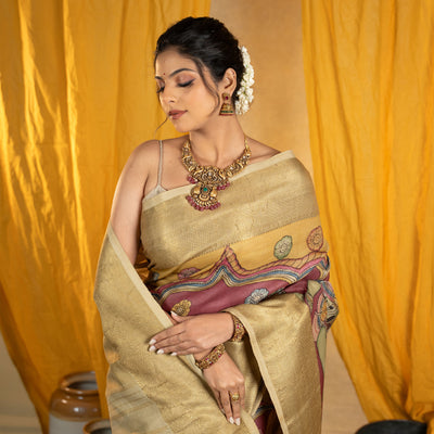 Onion Pink Pen Kalamkari Kanchi Silk Saree