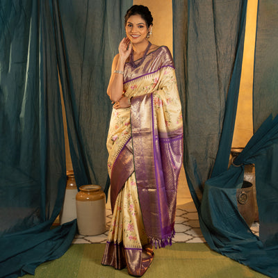 Off White Kanchi Silk Saree with Floral Embroidery Design