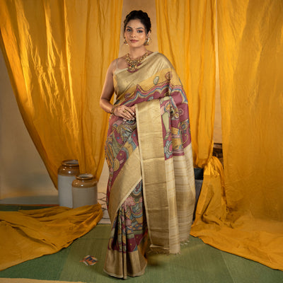 Onion Pink Pen Kalamkari Kanchi Silk Saree