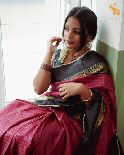 Arakku Red Kanchi Silk Saree with Small Zari Kattam Design