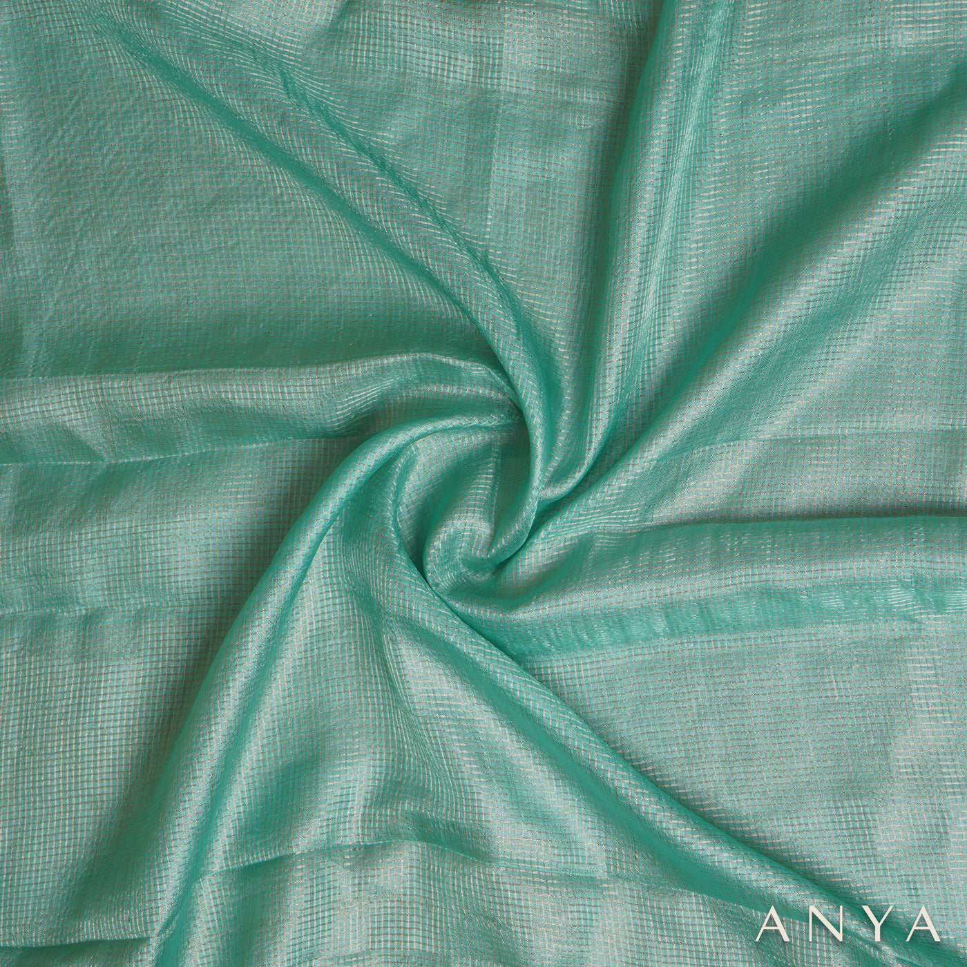 Baby Blue Tussar Silk Fabric with Small Zari Checks Design