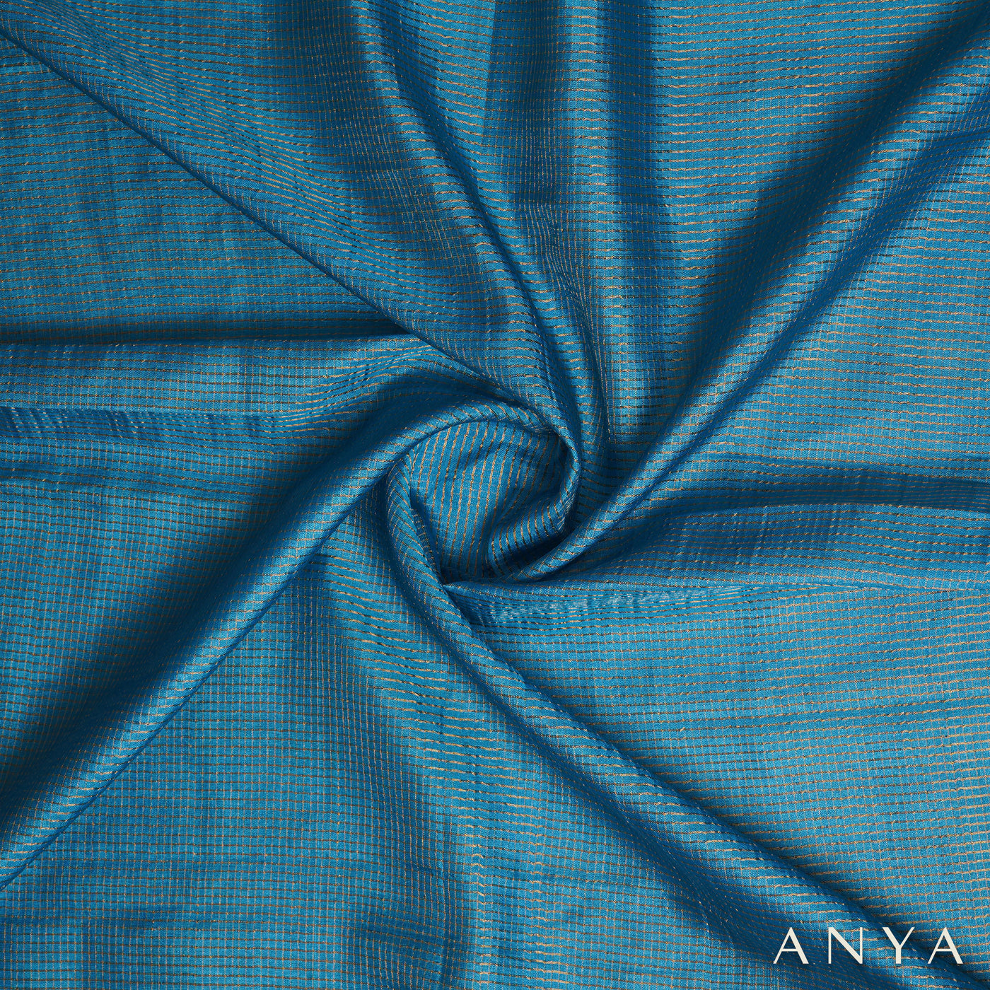 Blue Tussar Silk Fabric with Small Zari Checks Design
