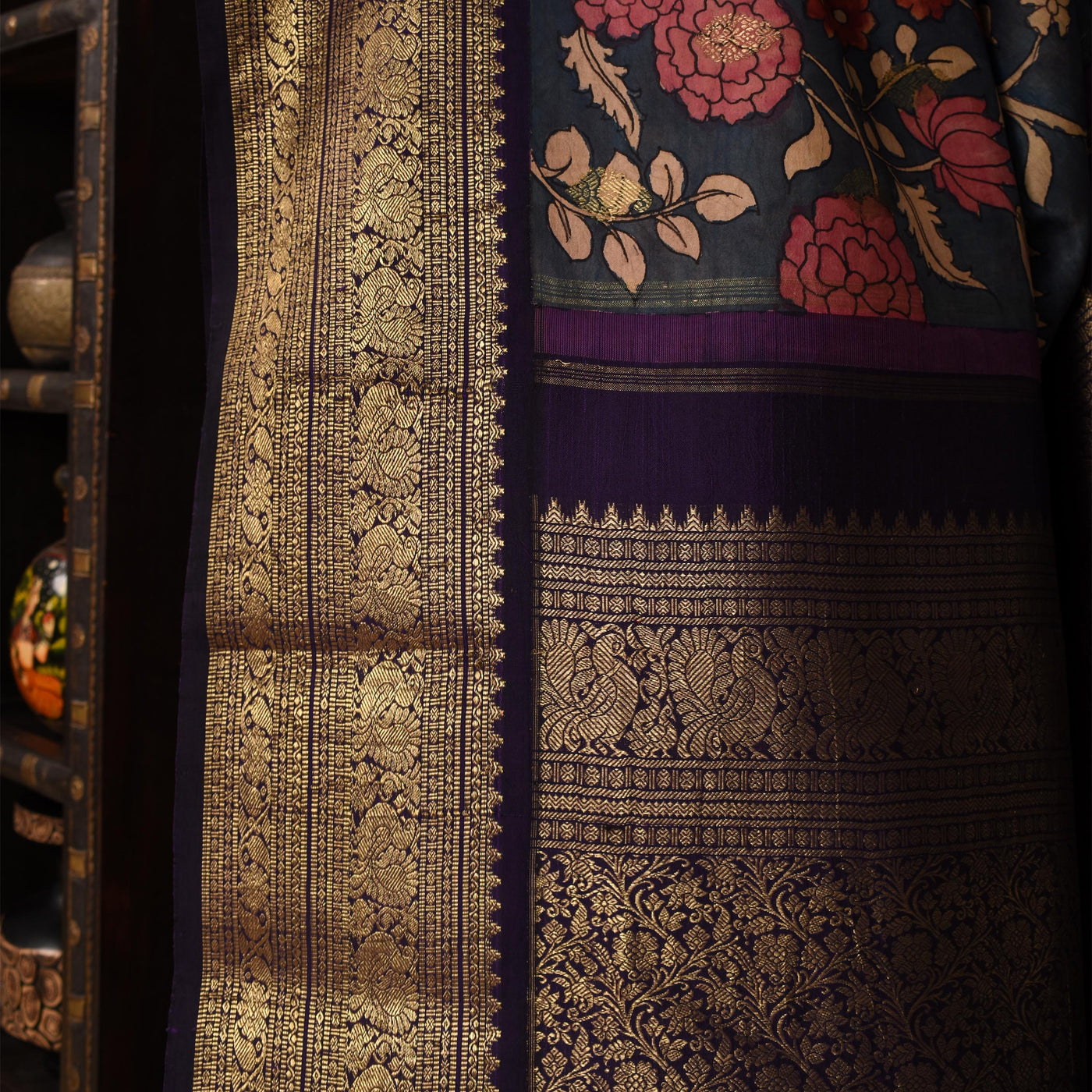 Indigo Blue Pen Kalamkari Kanchi Silk Saree