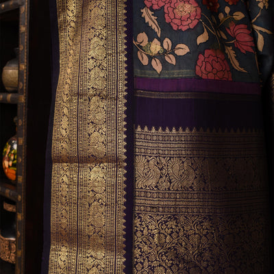 Indigo Blue Pen Kalamkari Kanchi Silk Saree