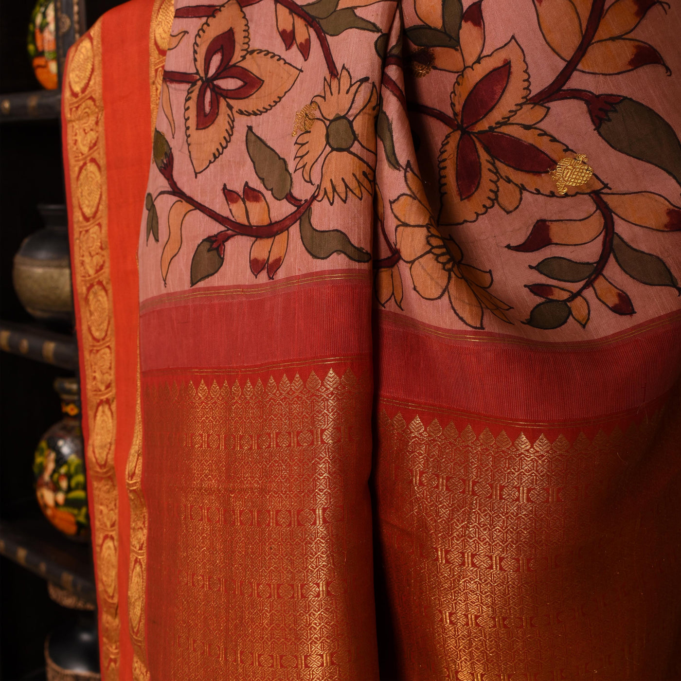 Onion Pink Pen Kalamkari Kanchi Silk Saree