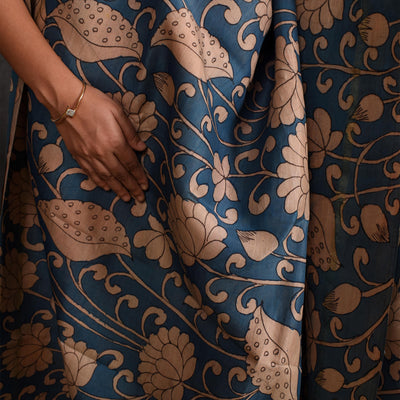 Indigo Blue Pen Kalamkari Kanchi Silk Saree