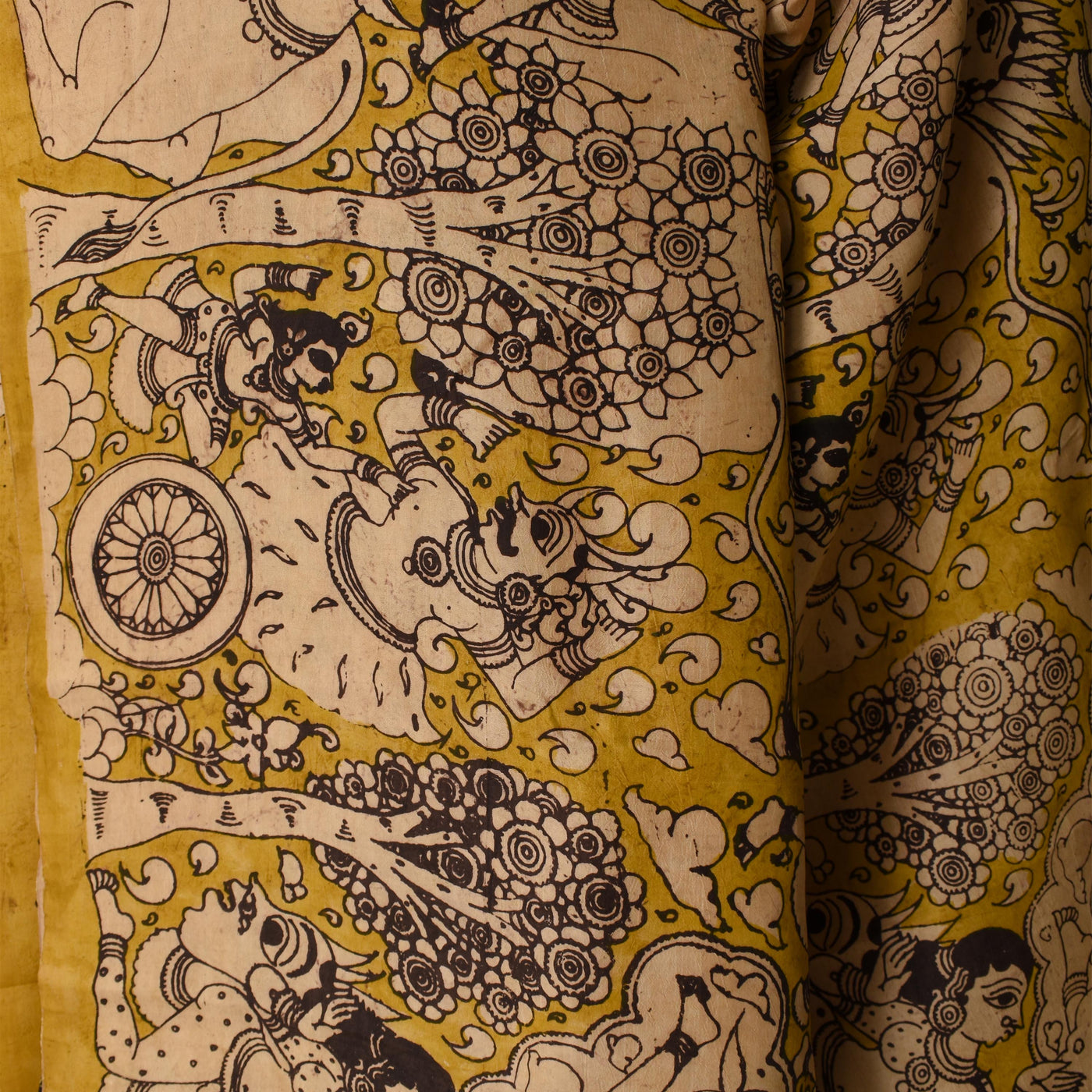 Mustard Pen Kalamkari Kanchi Silk Saree