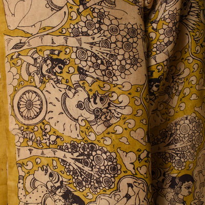 Mustard Pen Kalamkari Kanchi Silk Saree