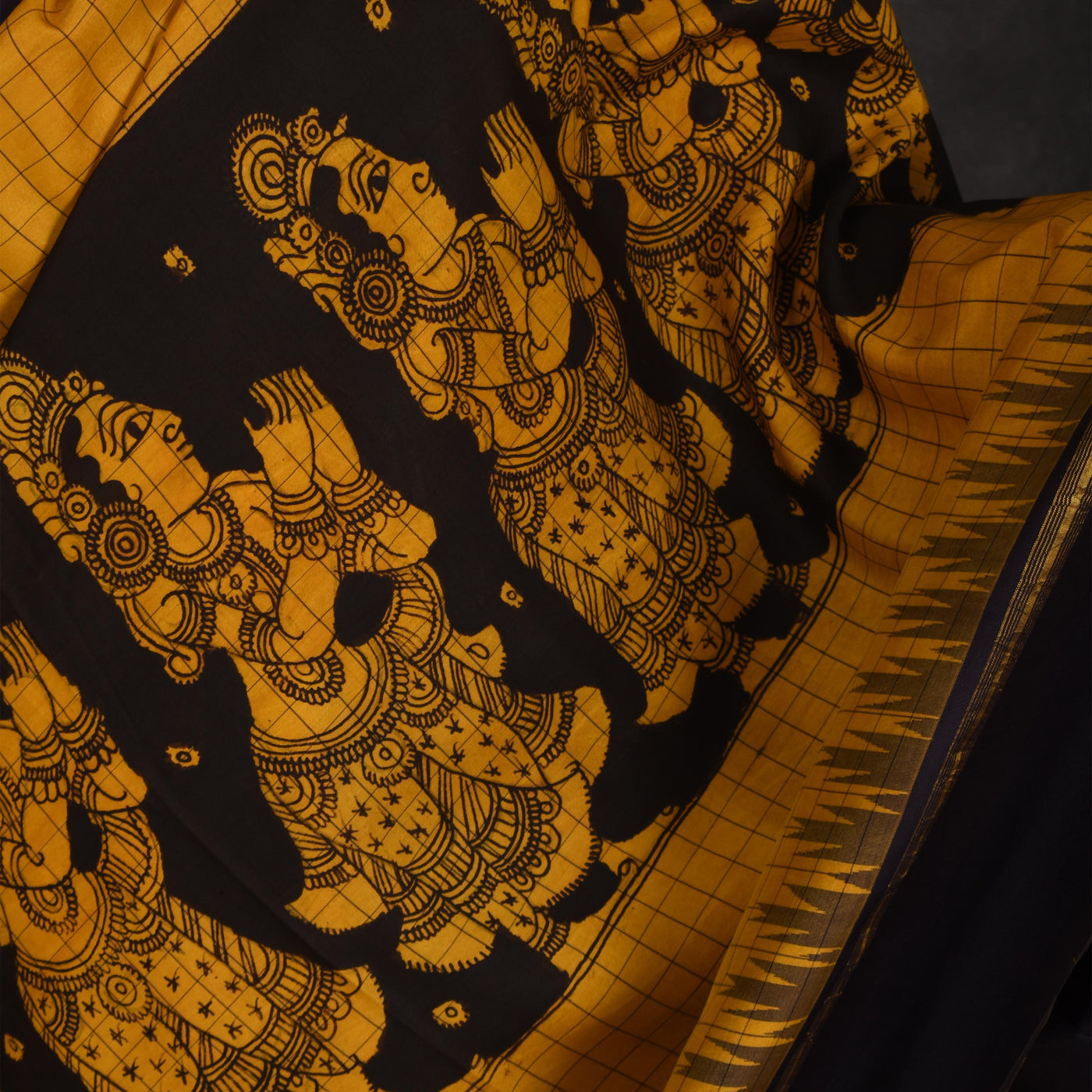 Oil Mustard Pen Kalamkari Kanchi Silk Saree