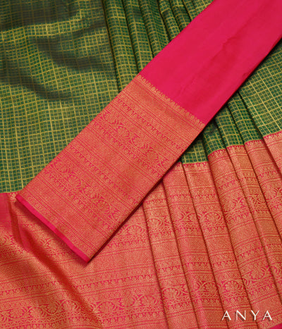 Bottle Green Kanchi Silk Skrit Fabric and Rani Arakku Kanchi Silk Blouse Fabric