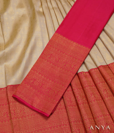 Off White Kanchi Silk Skrit Fabric and Rani Arakku Kanchi Silk Blouse Fabric