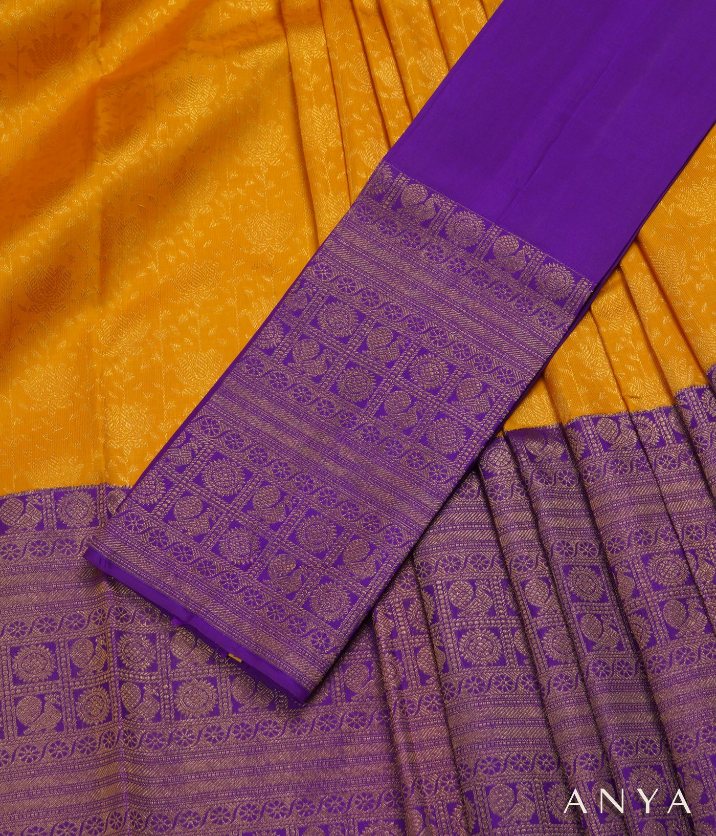 Mustard Kanchi Silk Skrit Fabric and Purple Kanchi Silk Blouse Fabric