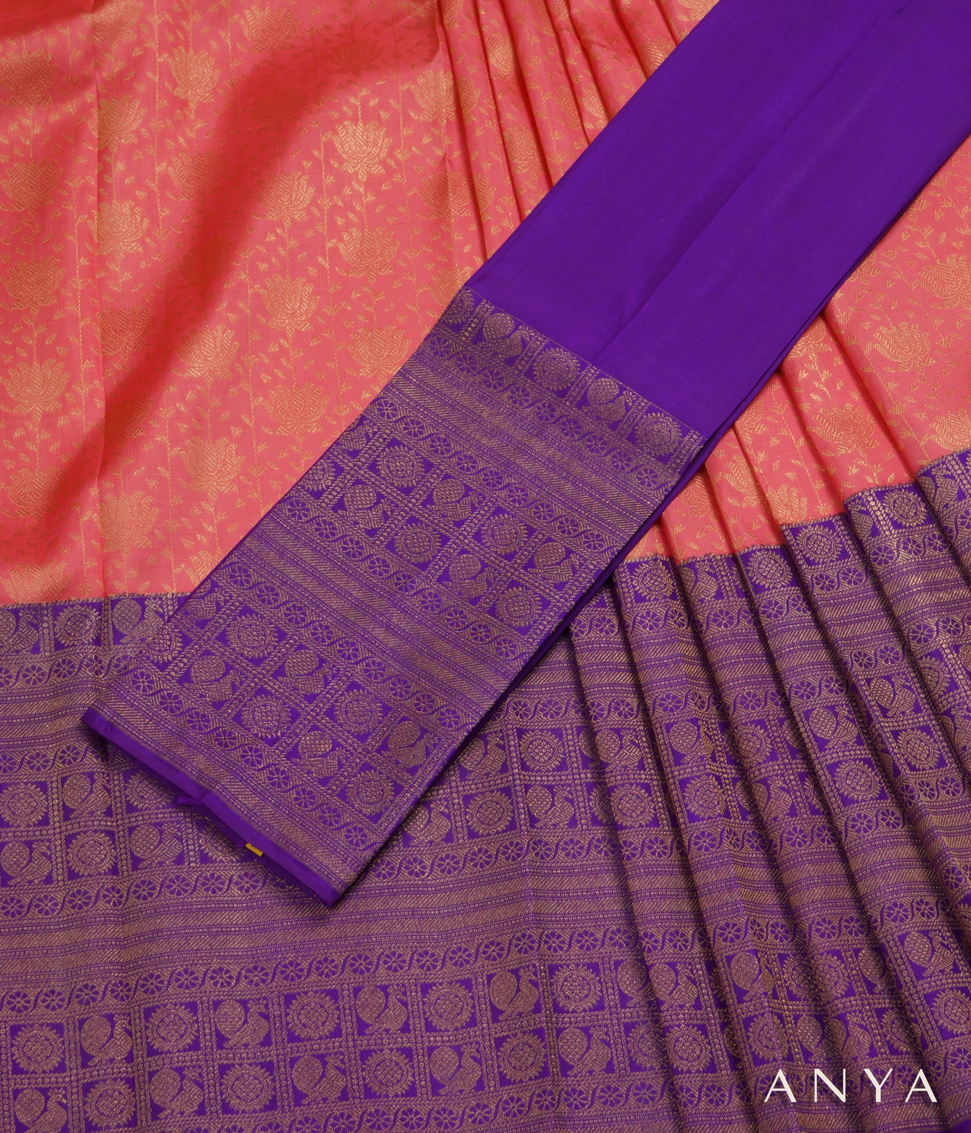 Pink Kanchi Silk Skrit Fabric and Violet Kanchi Silk Blouse Fabric
