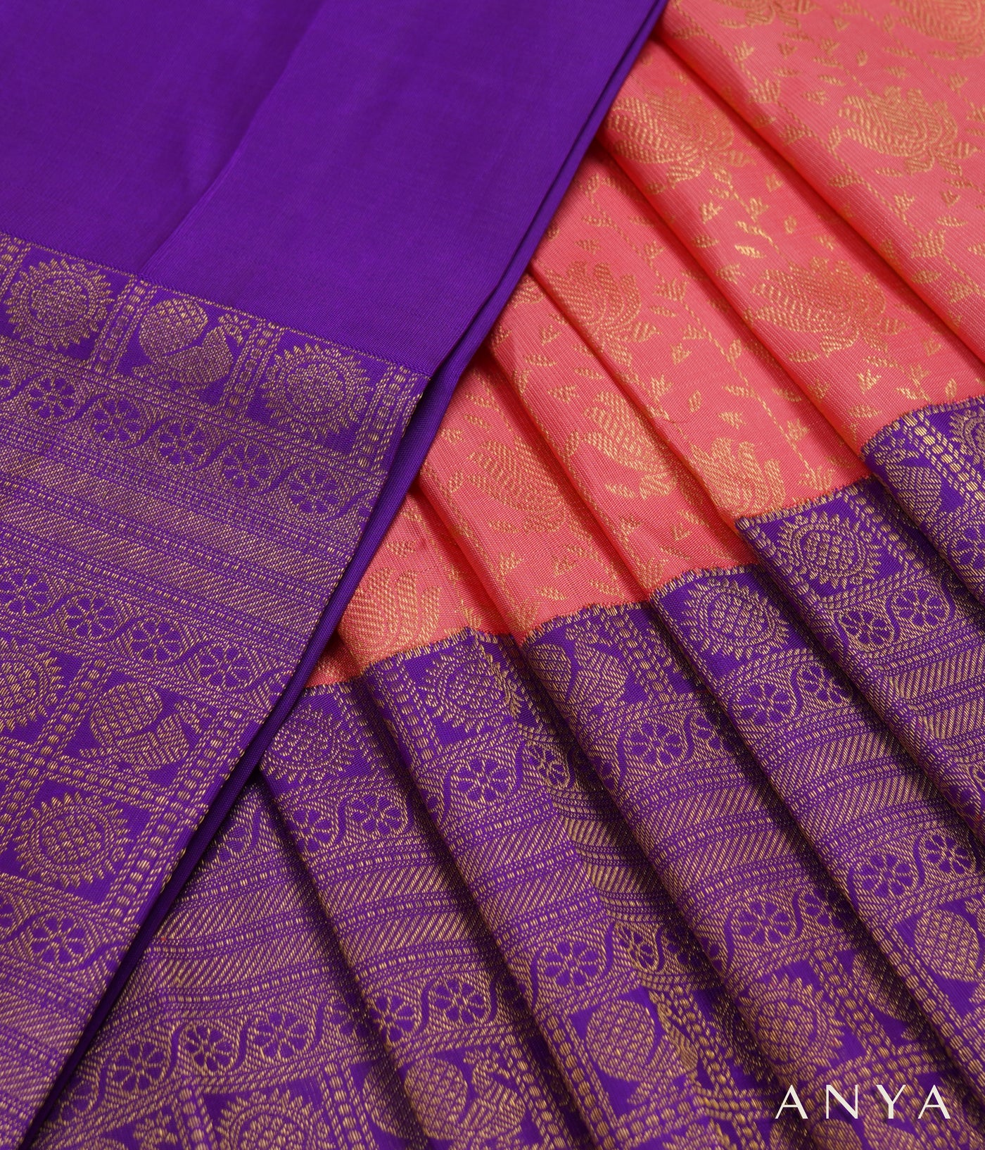 Pink Kanchi Silk Skrit Fabric and Violet Kanchi Silk Blouse Fabric