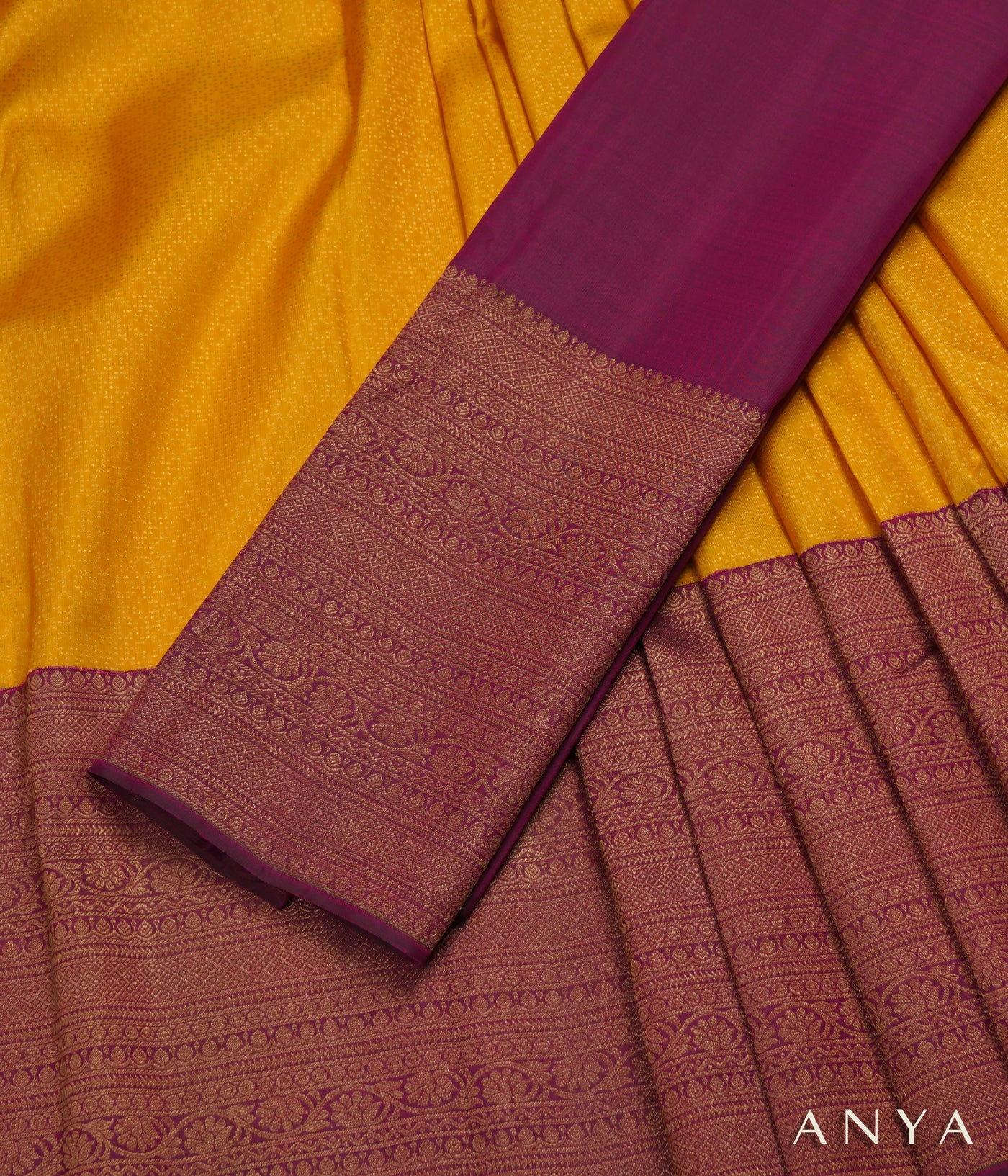 Mustard Kanchi Silk Skrit Fabric and Magenta Kanchi Silk Blouse Fabric