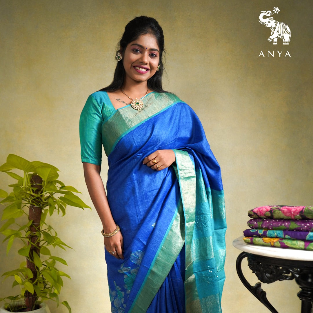 Anandha Blue Tussar Silk Saree with Floral Printed Design
