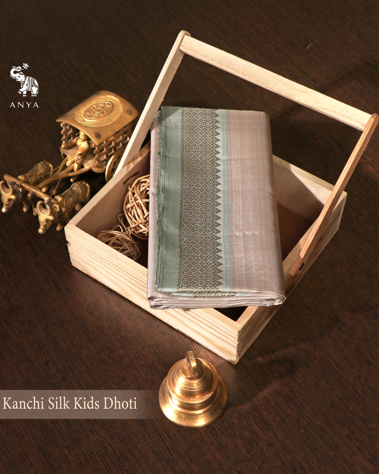 Off White Kanchi Silk Dhoti with Mint Green Golden Zari Border