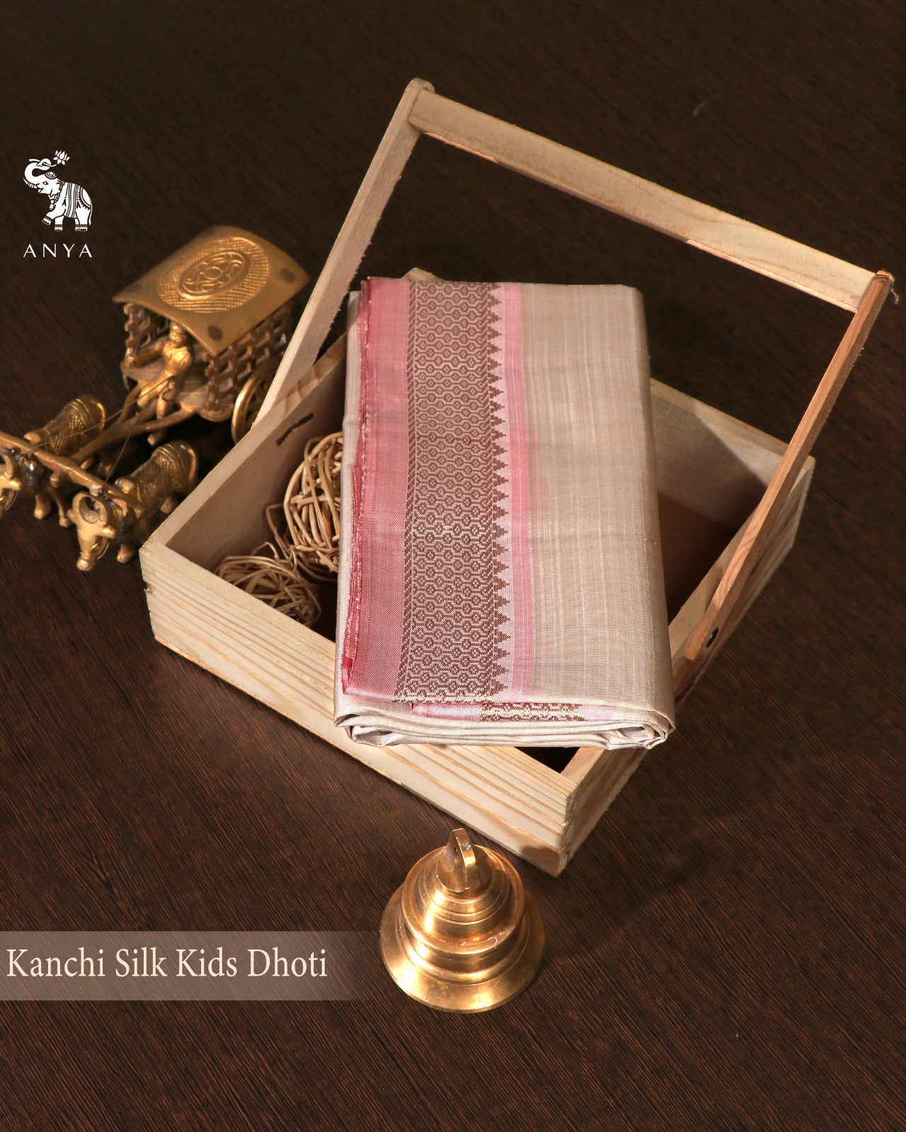 Off White Kanchi Silk Dhoti with Onion Pink Golden Zari Border