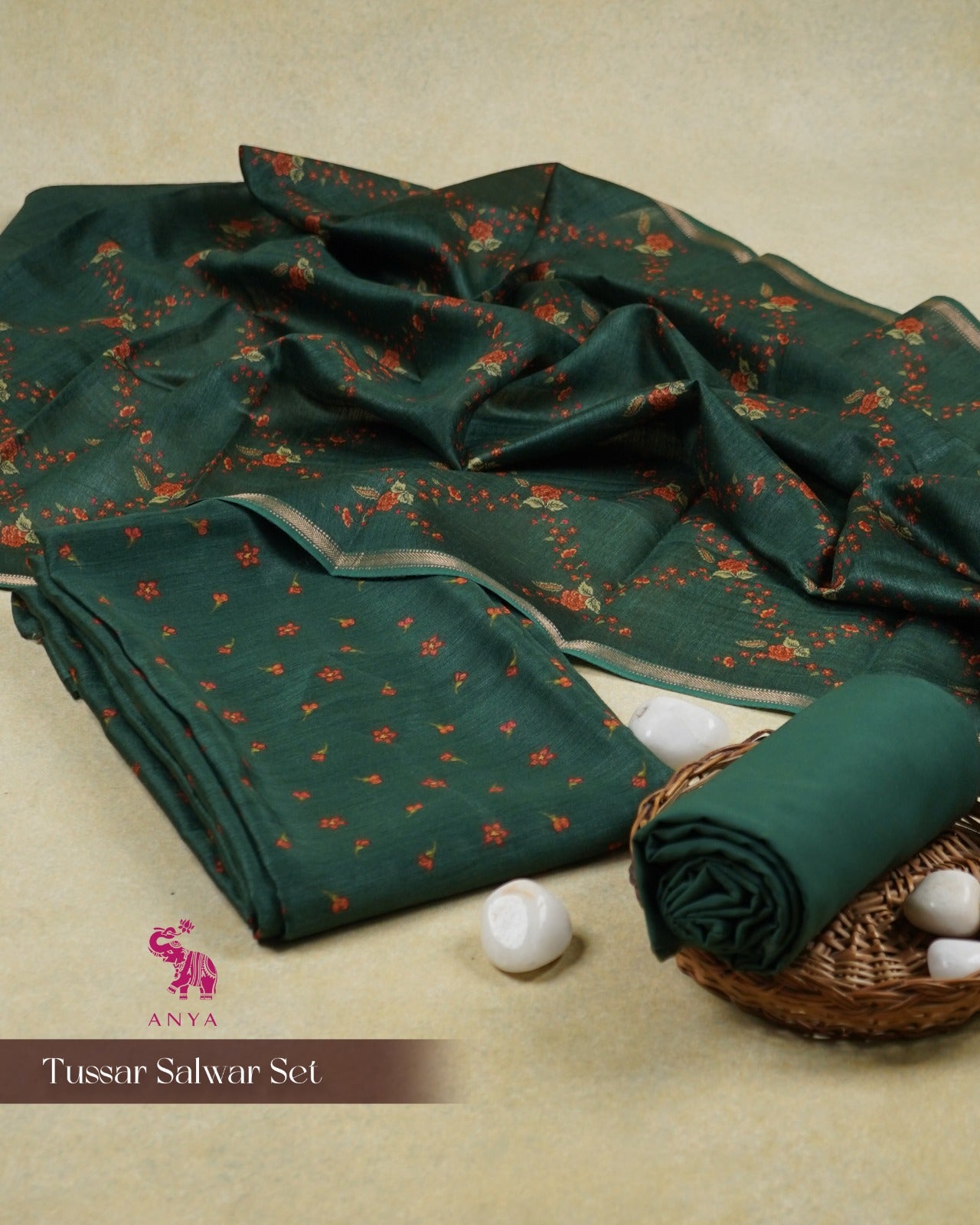 Bottle Green Tussar Silk Salwar with Small Flower Printed Dupatta