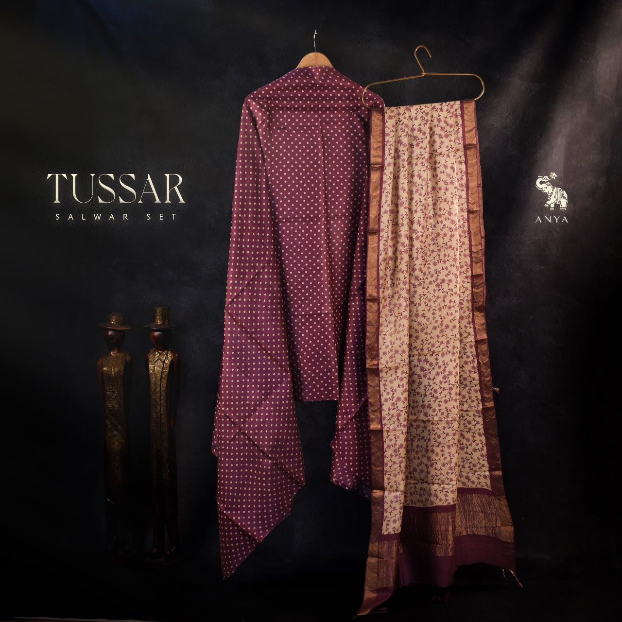 Purple Tussar Silk Salwar with Off White Floral Creeper Dupatta