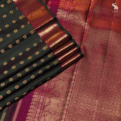 Bottle Green Kanchi Silk Saree with Kamalam Butta Design