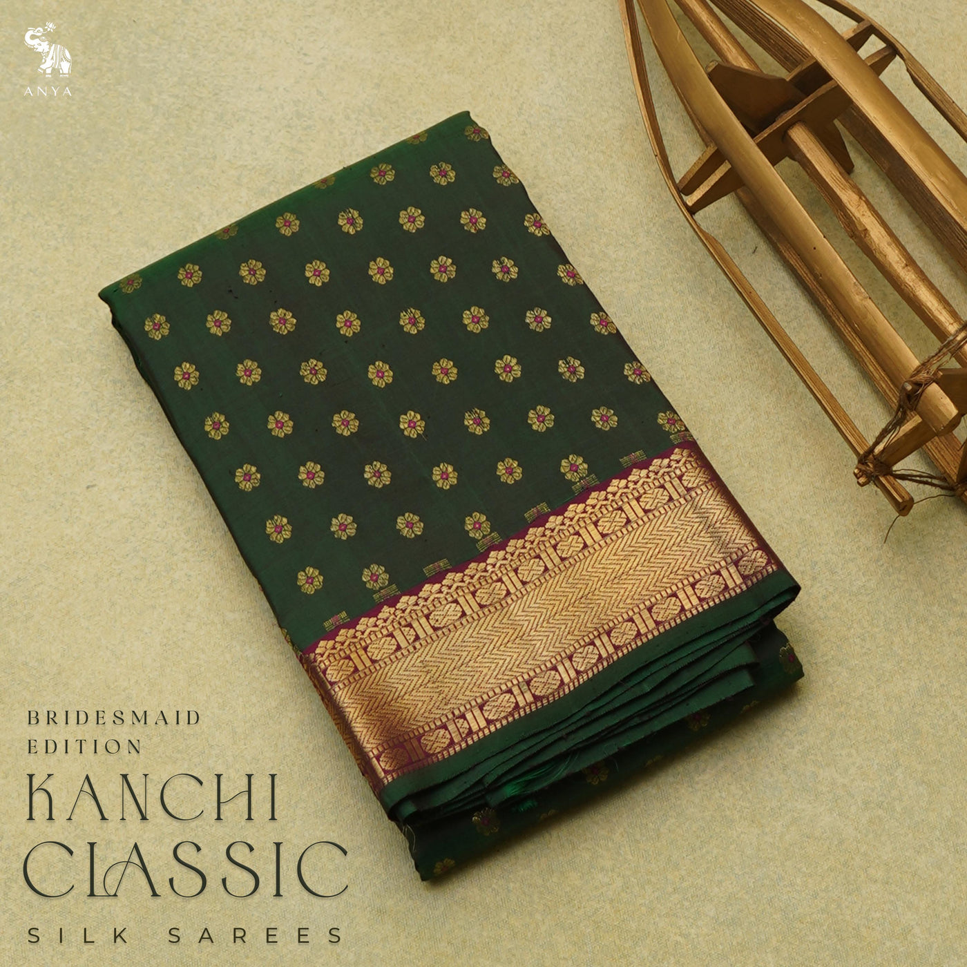 Bottle Green Kanchi Silk Saree with Kamalam Butta Design