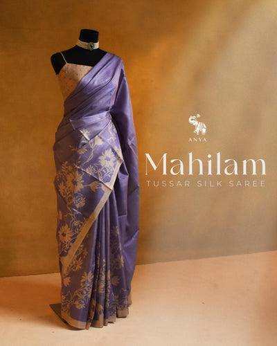 Light Lavender Tussar Silk Saree with Floral Printed Design