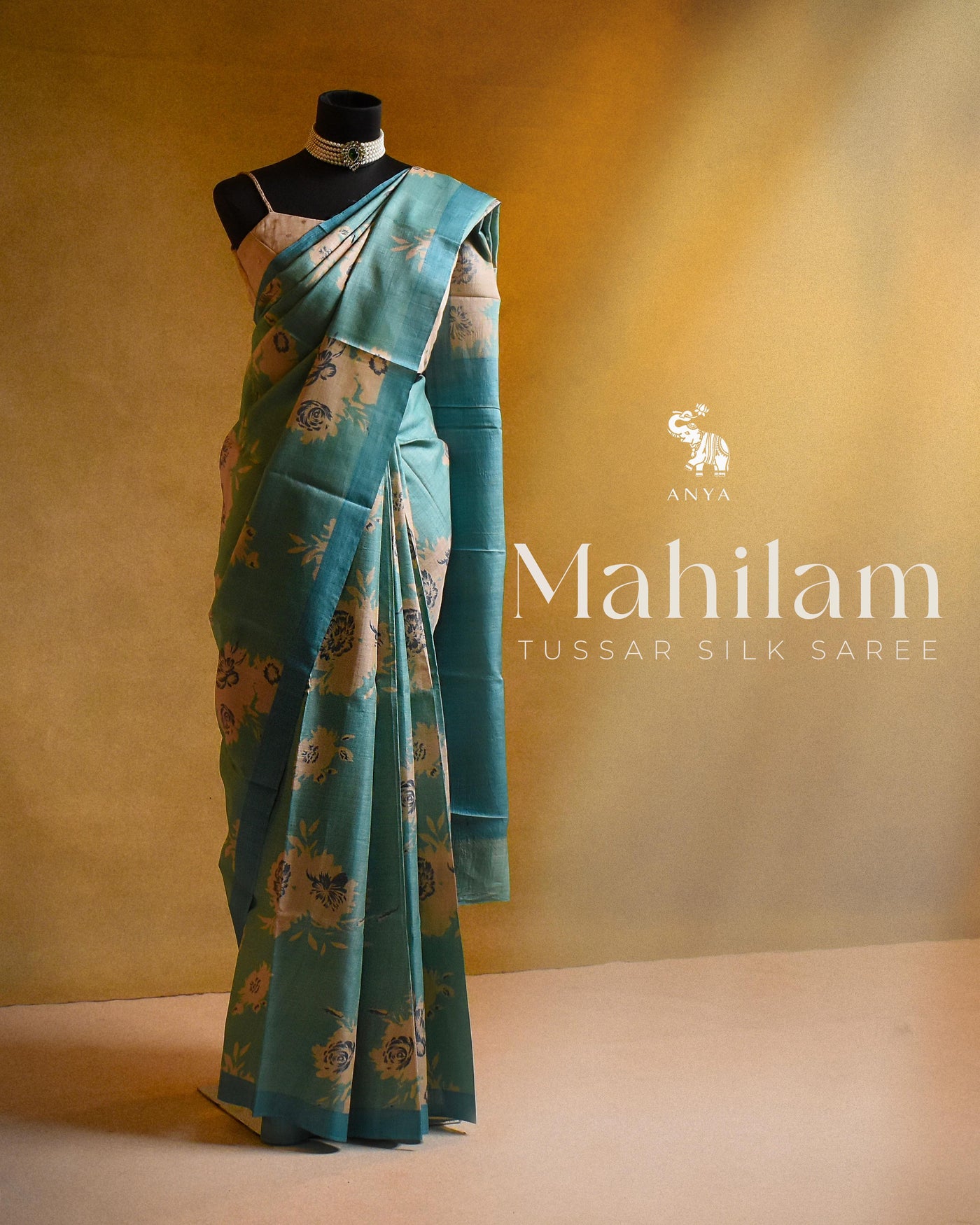 Sky Blue Tussar Silk Saree with Big Floral Printed Design