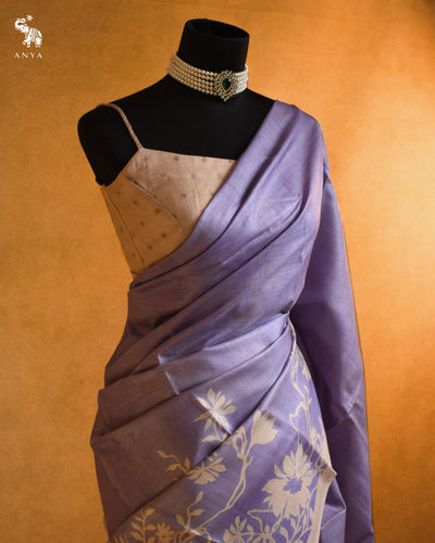 Light Lavender Tussar Silk Saree with Floral Printed Design