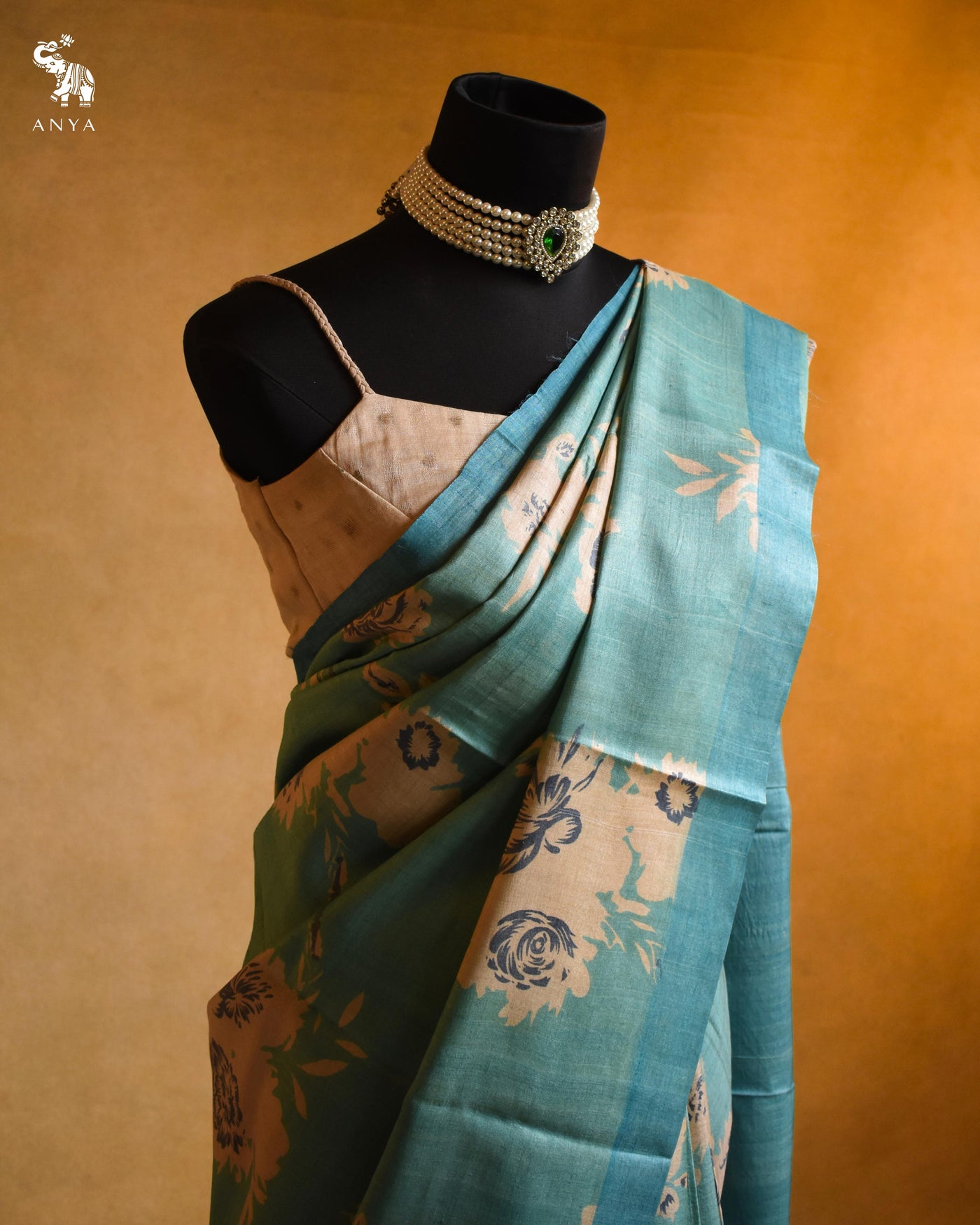 Sky Blue Tussar Silk Saree with Big Floral Printed Design