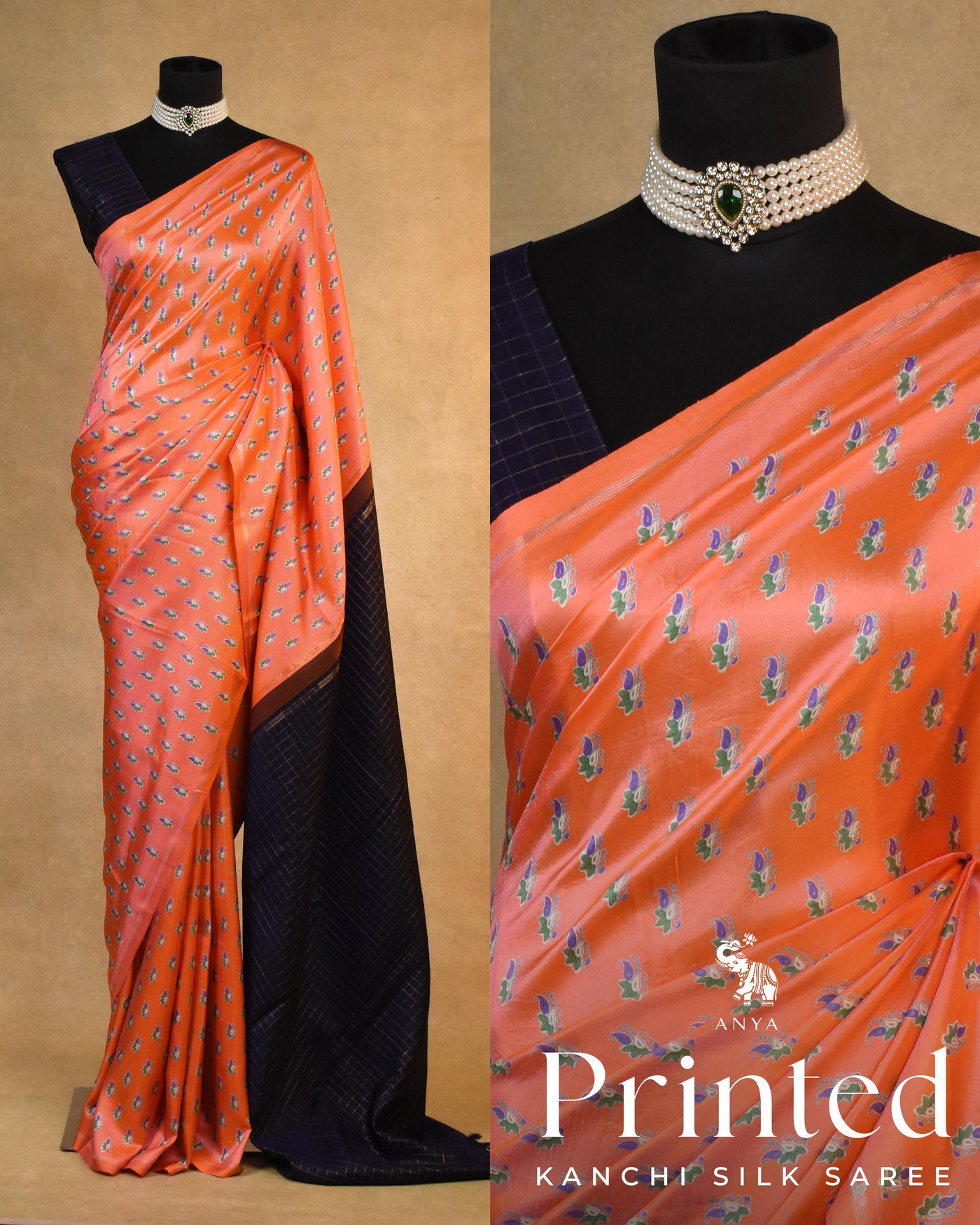 Peach Printed Kanchi Silk Saree with Small Printed Design